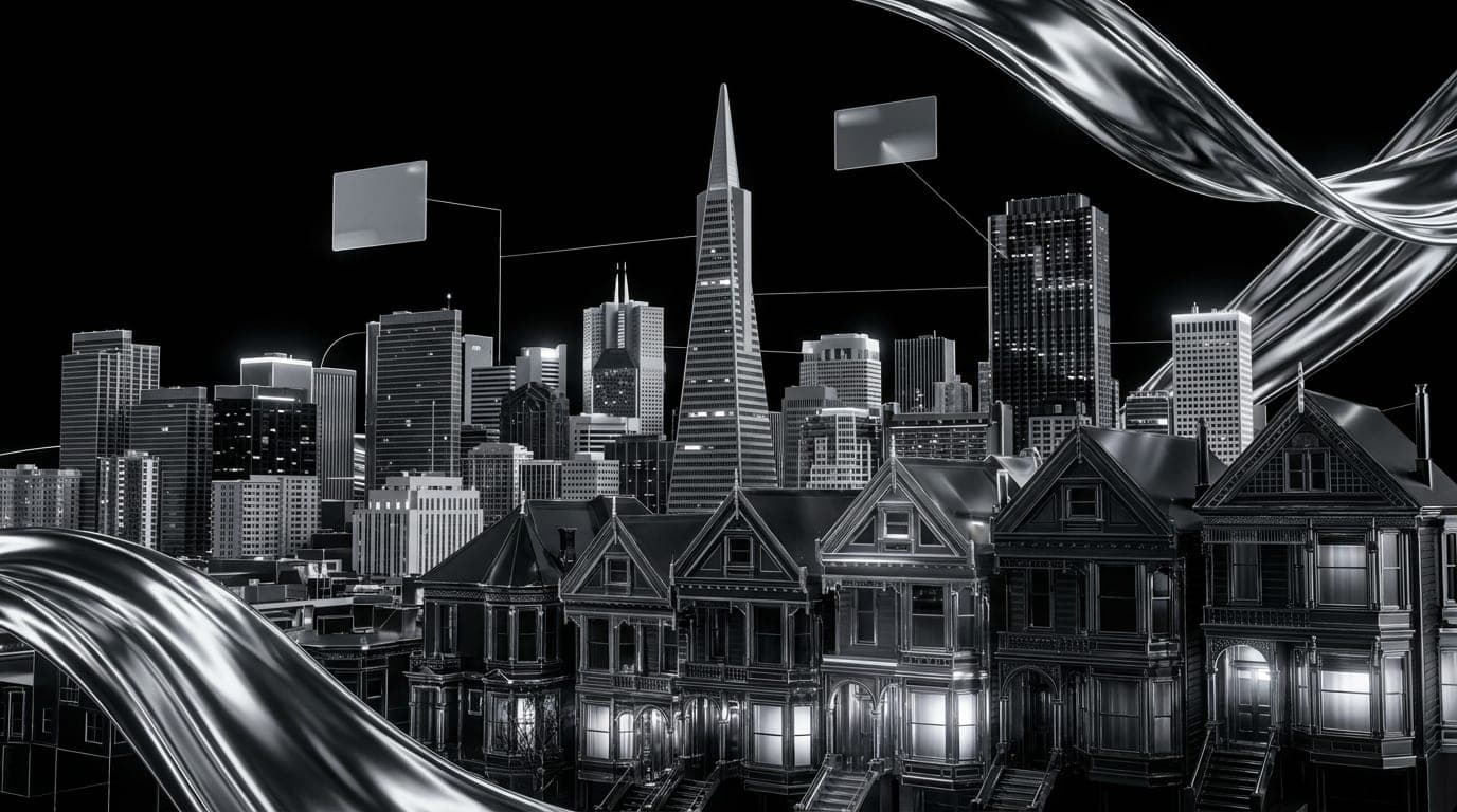 San Francisco's painted ladies at night with the downtown skyline behind them