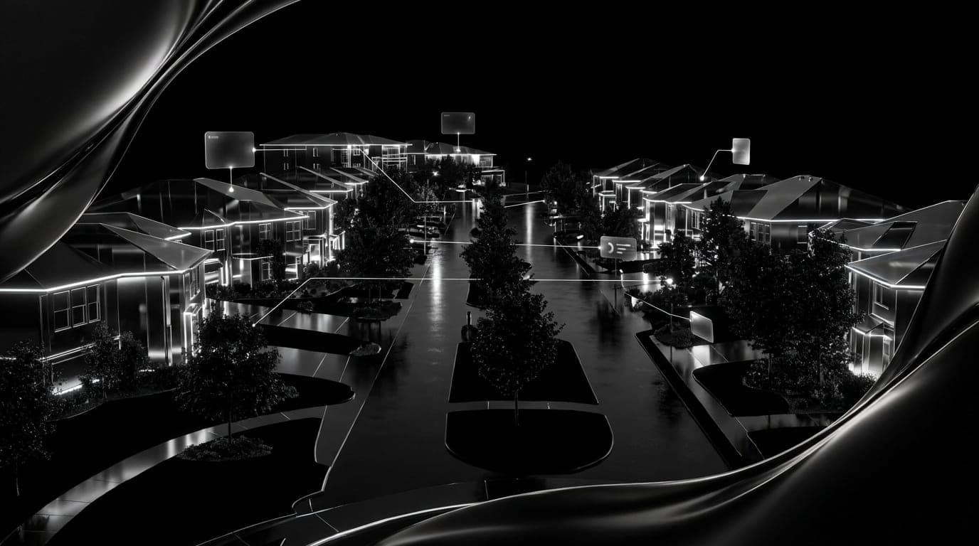 Aerial view of a suburban cul-de-sac at night with porch lights on