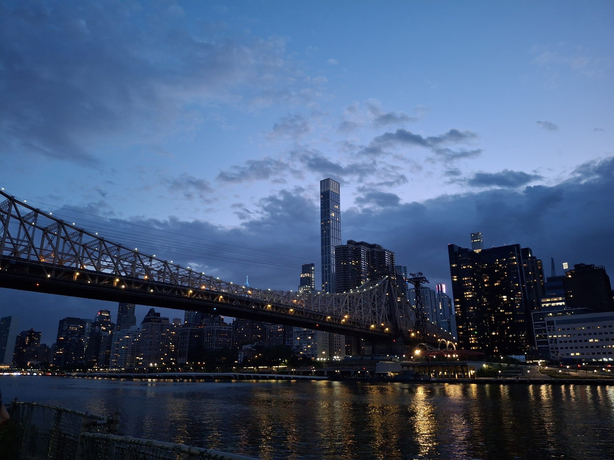 City skyline and bridge at blue hour