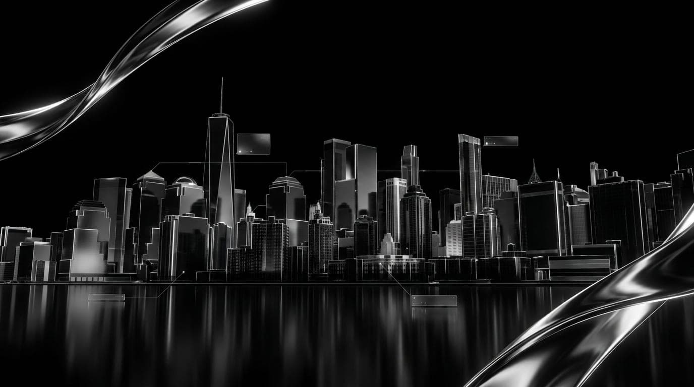 The Manhattan skyline at night reflected in the river