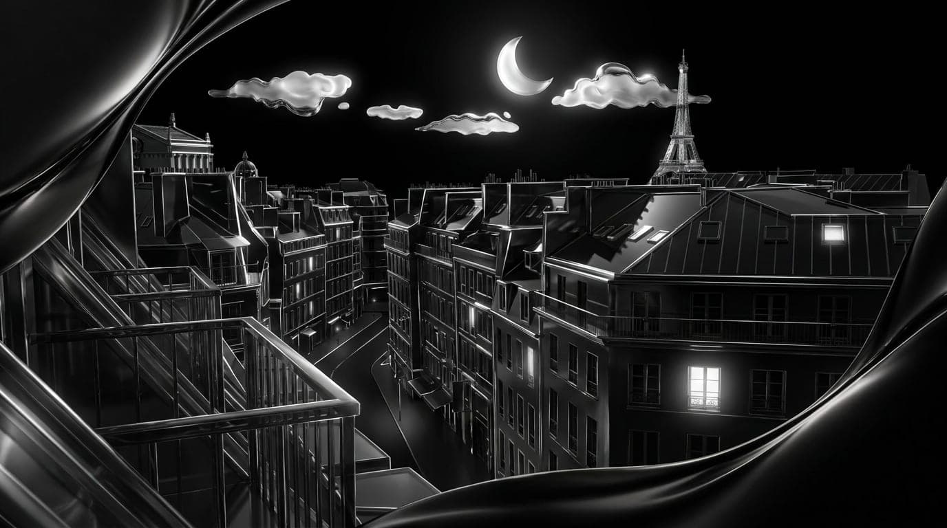 Paris rooftops at night under a crescent moon