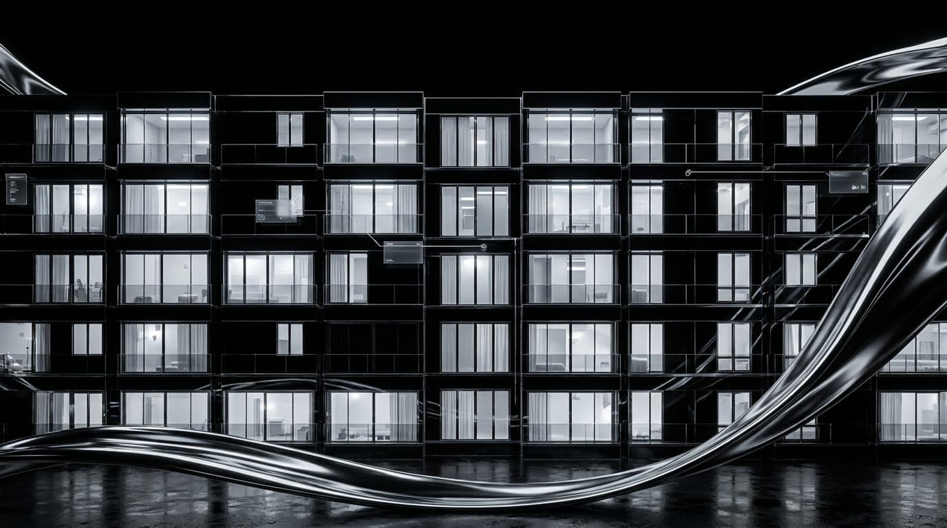 A grid of lit apartment windows on a dark tower at night