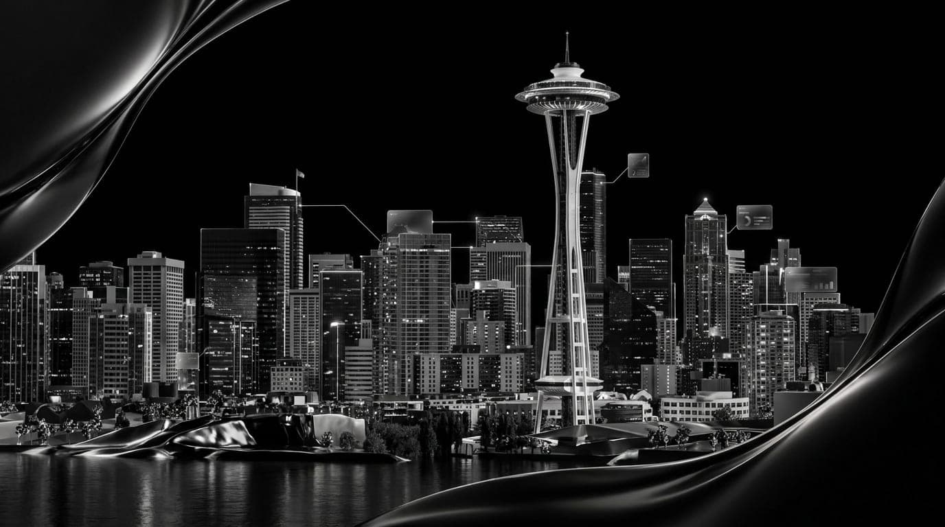 Seattle skyline at night with the Space Needle lit against a dark sky
