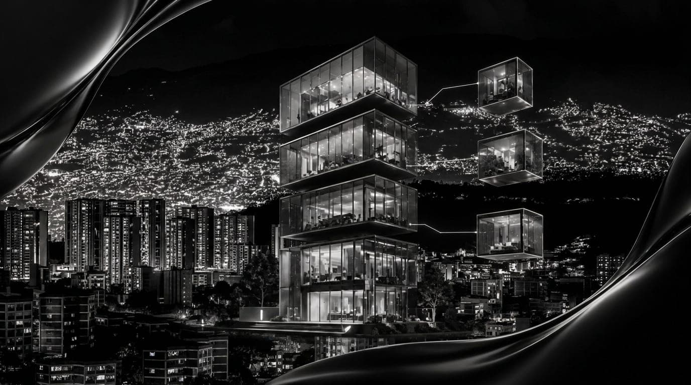 Medellín at night, apartment towers lit against the dark hillsides of the valley