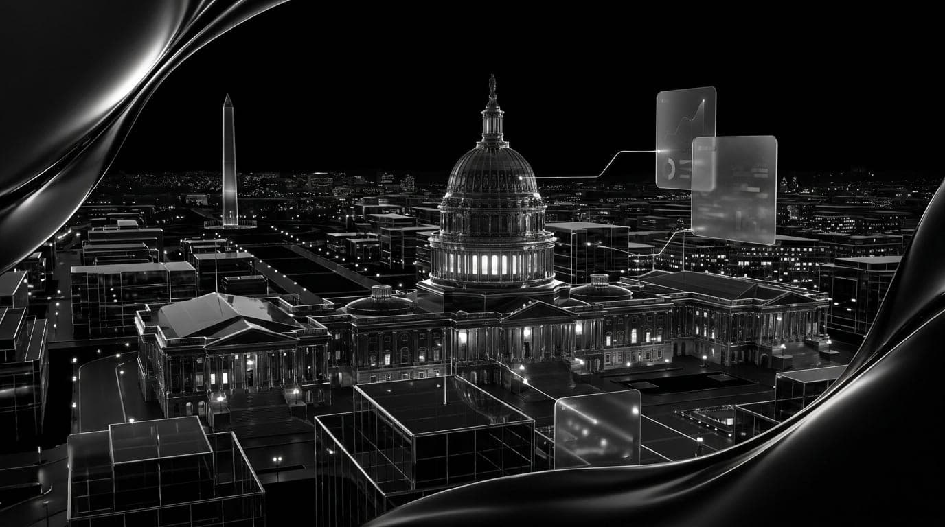 Washington, DC at night from above, the Capitol dome lit in the distance