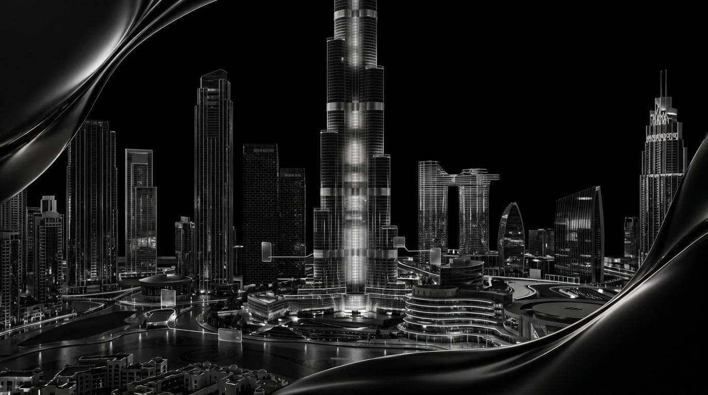 Downtown Dubai at night with the Burj Khalifa lit blue above the city