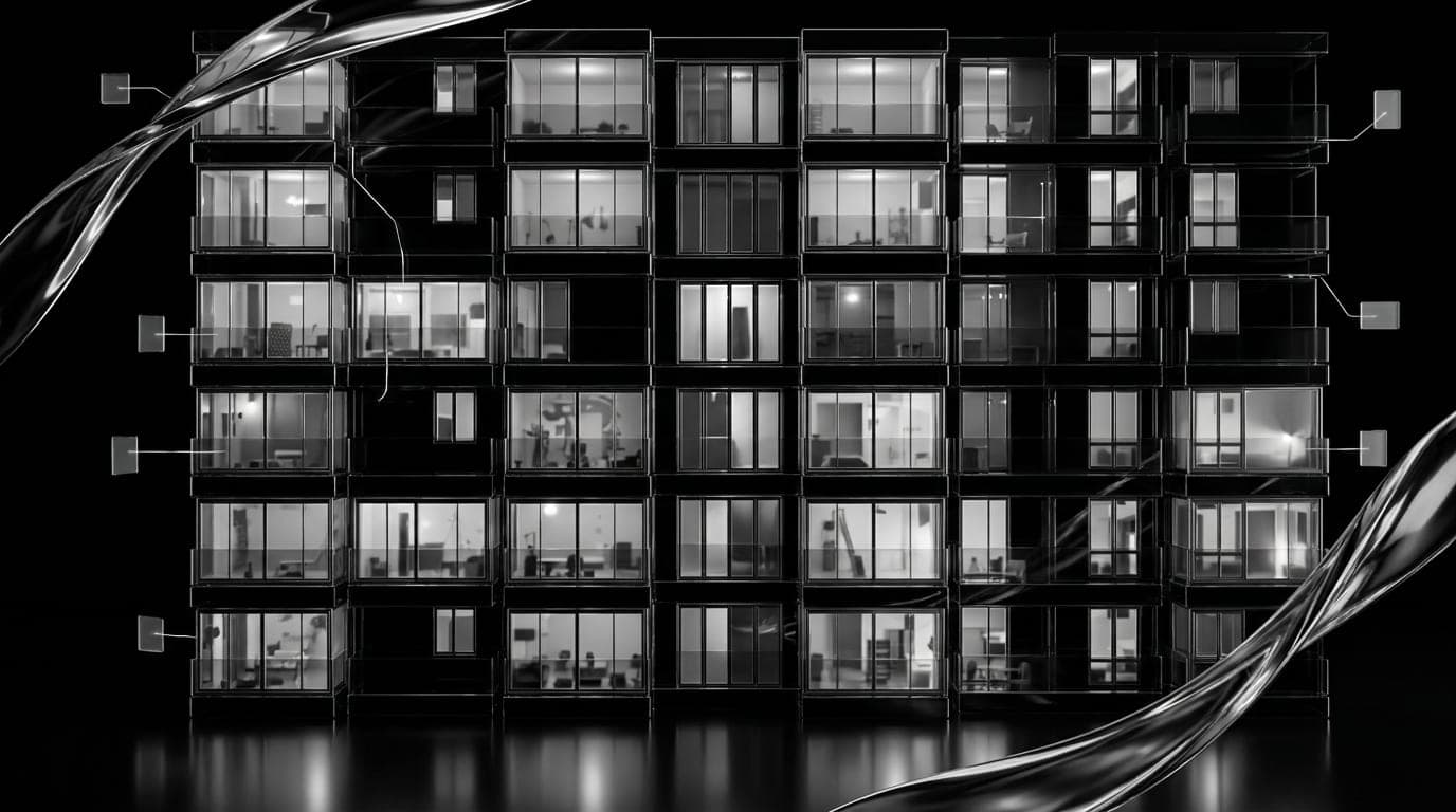 Rows of lit apartment windows on a dark tower facade