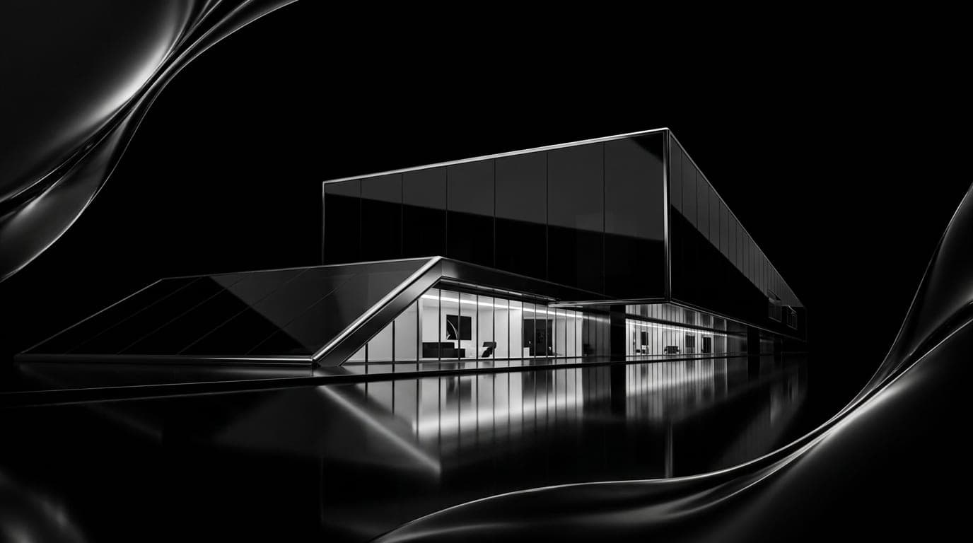 A low concrete building in fog at night, one band of windows lit