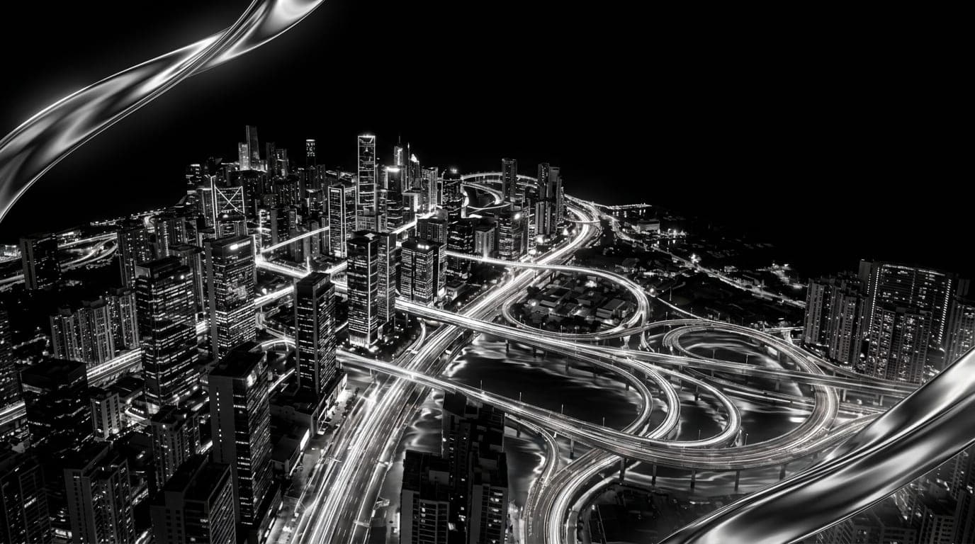 Dense city skyline at night with lit towers reflected in dark water
