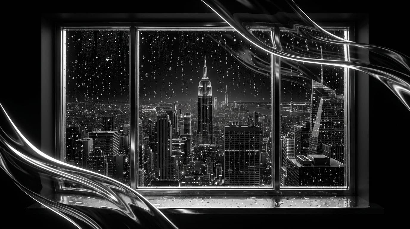 City lights through a rain-streaked window at night
