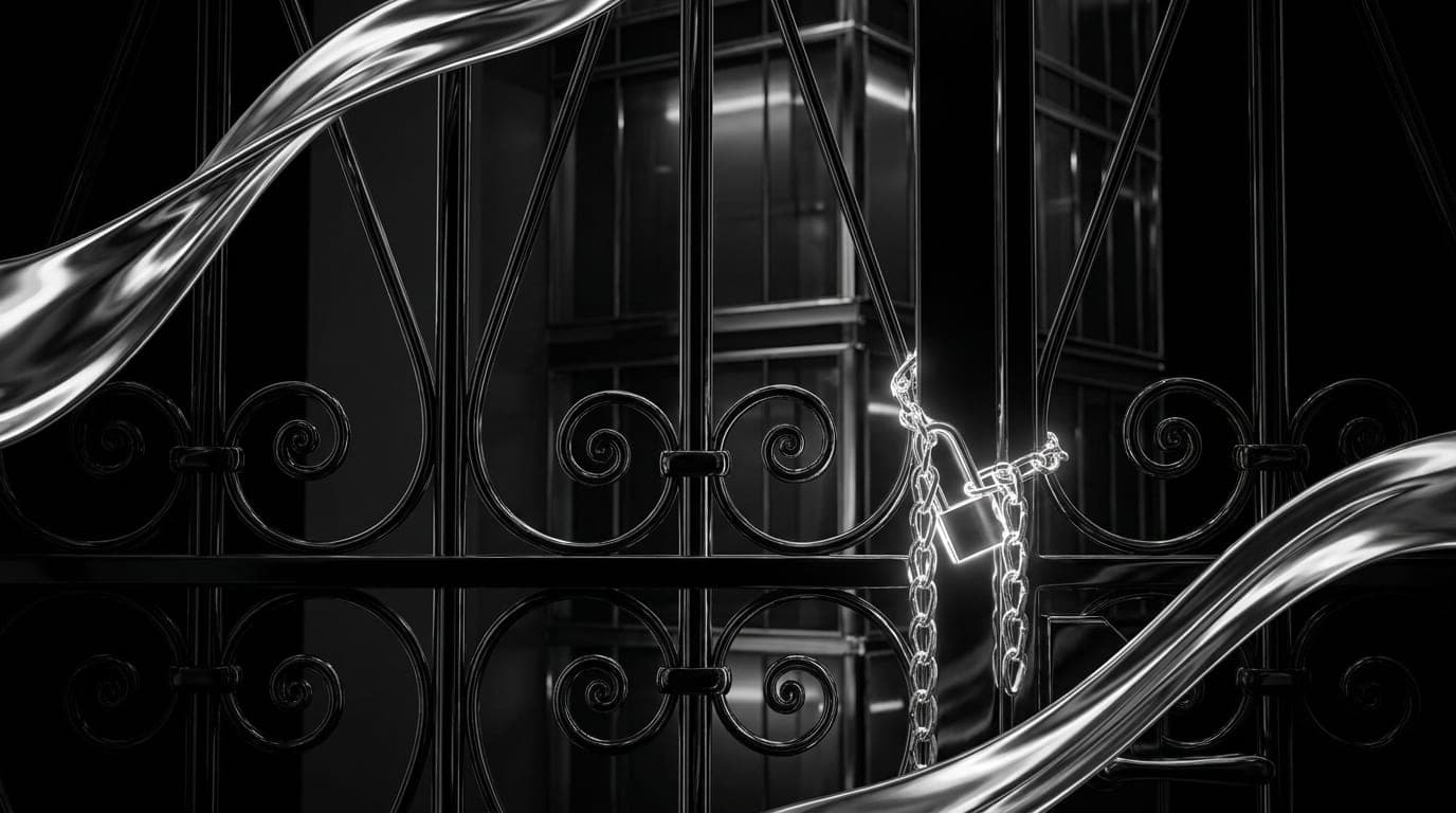 A chained and padlocked iron gate in front of a dark building