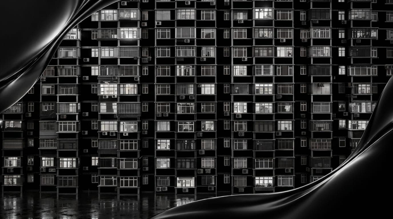 Grid of lit windows on a dark residential tower
