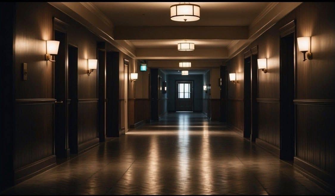 Dark hotel corridor with sconces leading to a lit door