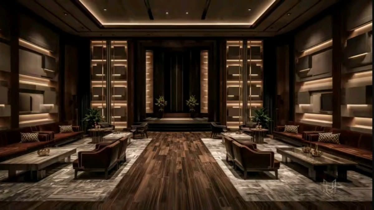 Grand hotel lobby with a long wooden floor and warm downlights
