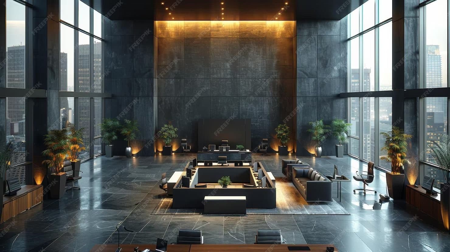 Dark stone lounge with floor-to-ceiling windows onto a city skyline