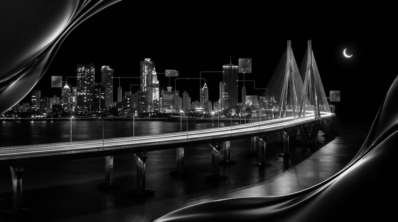 The Bandra-Worli Sea Link at night with the Mumbai skyline behind it