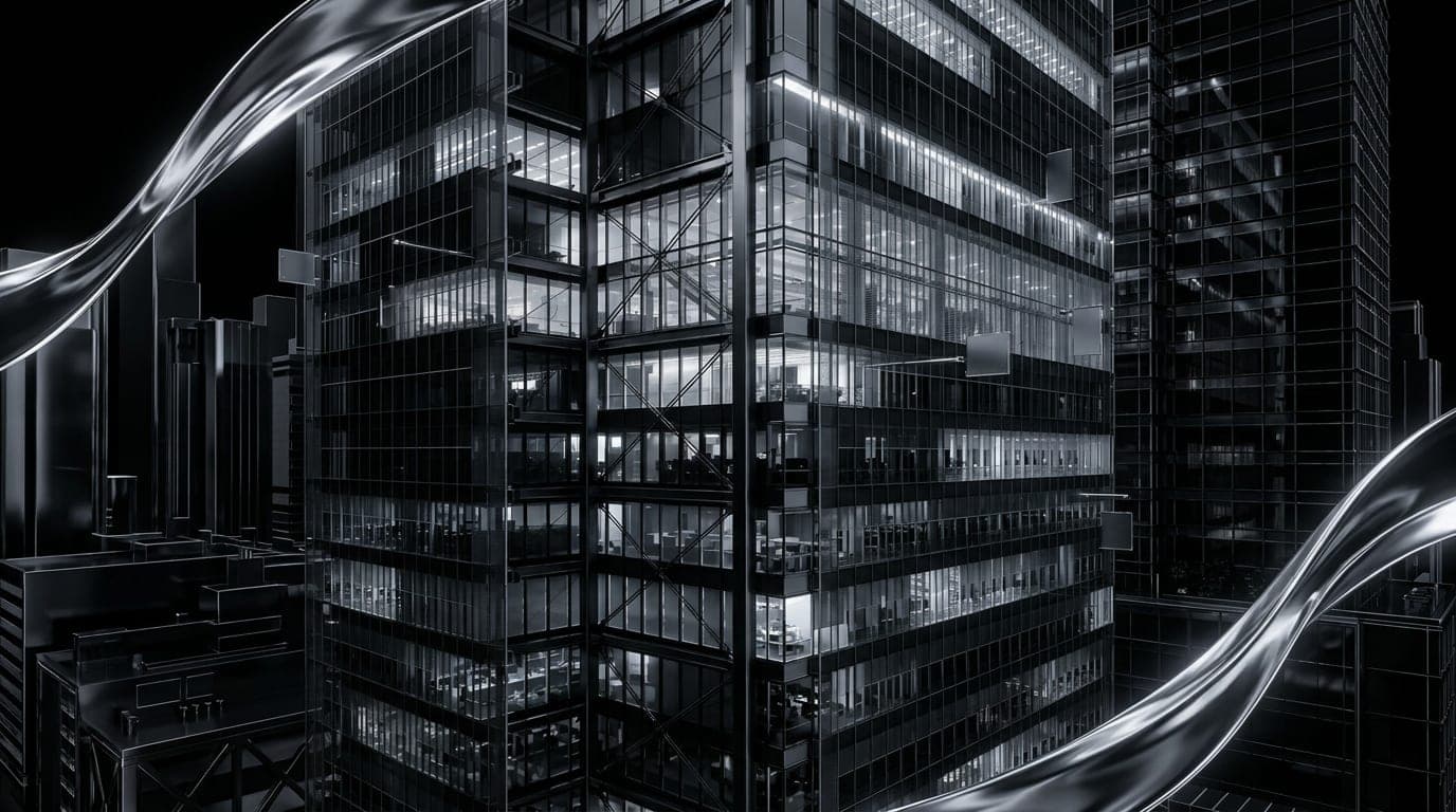 Glass office tower at night with a grid of lit floors