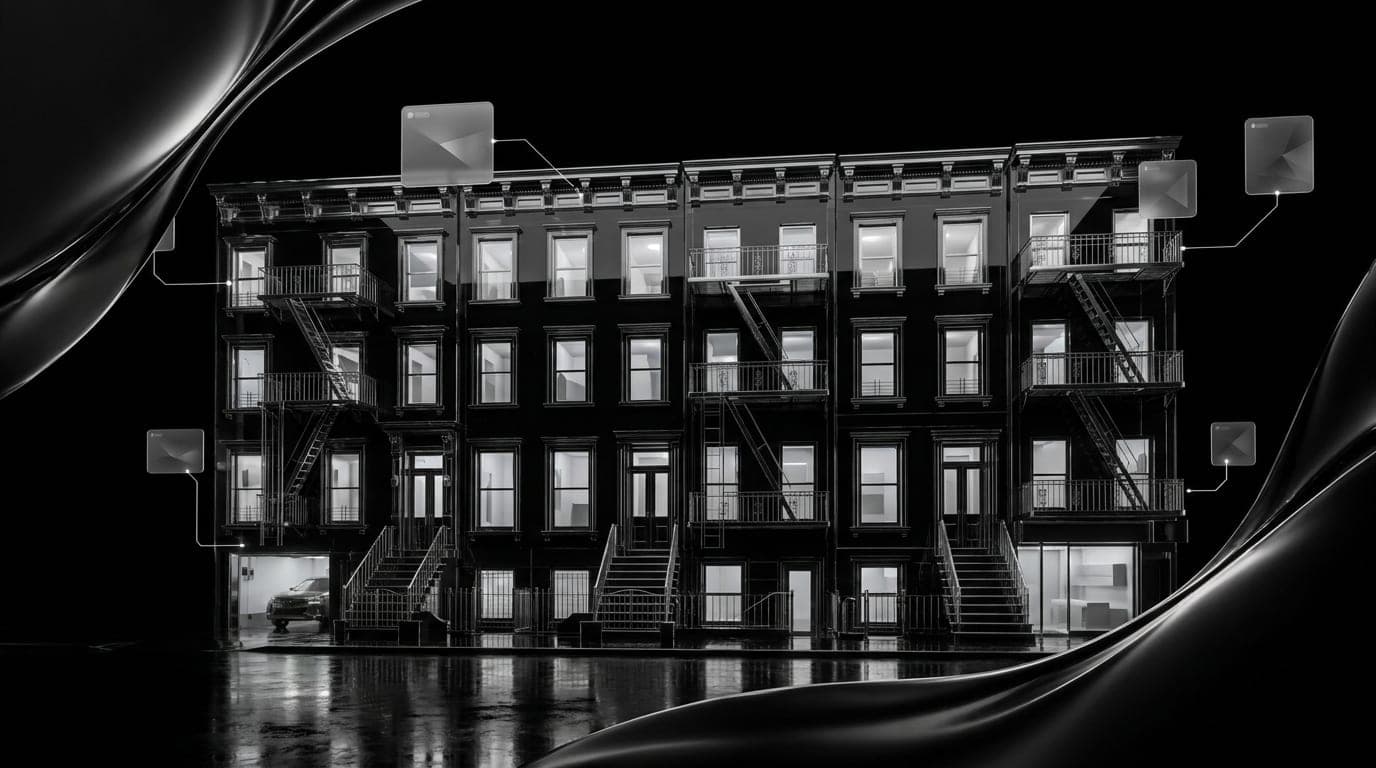 A New York brownstone at night in the rain with its windows lit