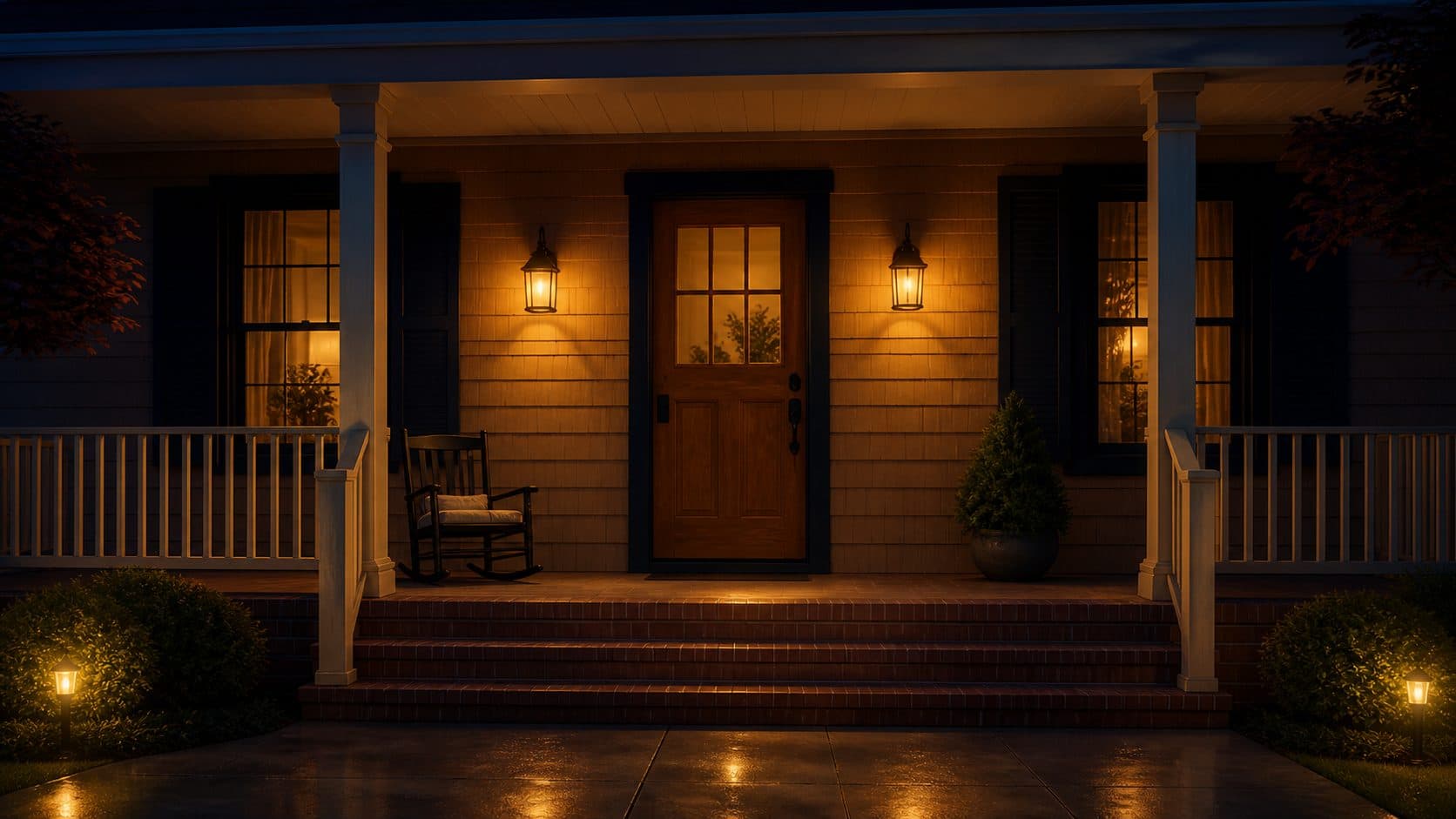 A modern house lit from inside at dusk on a quiet suburban street