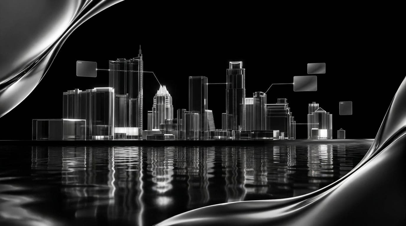 Austin skyline at night with the towers reflected in the river