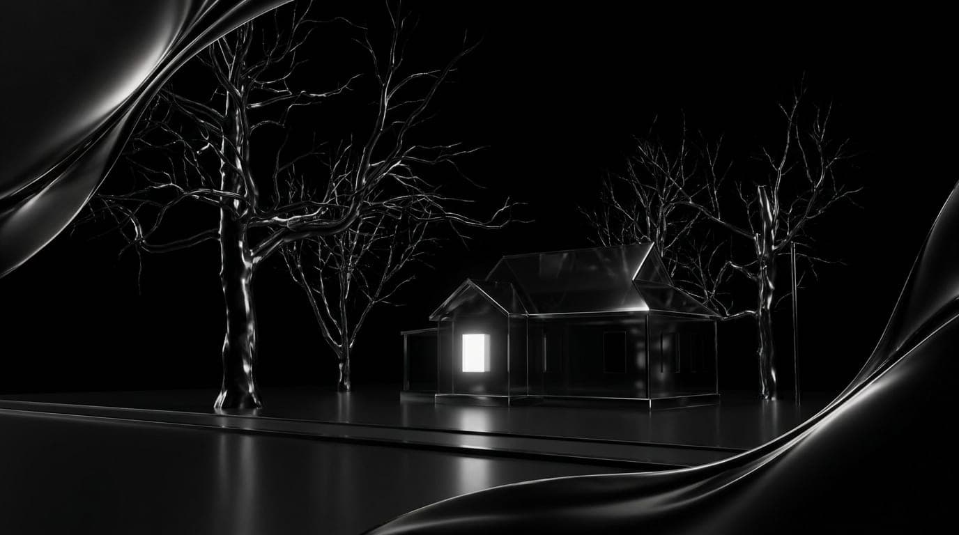 A small house at night under a tree with one window lit