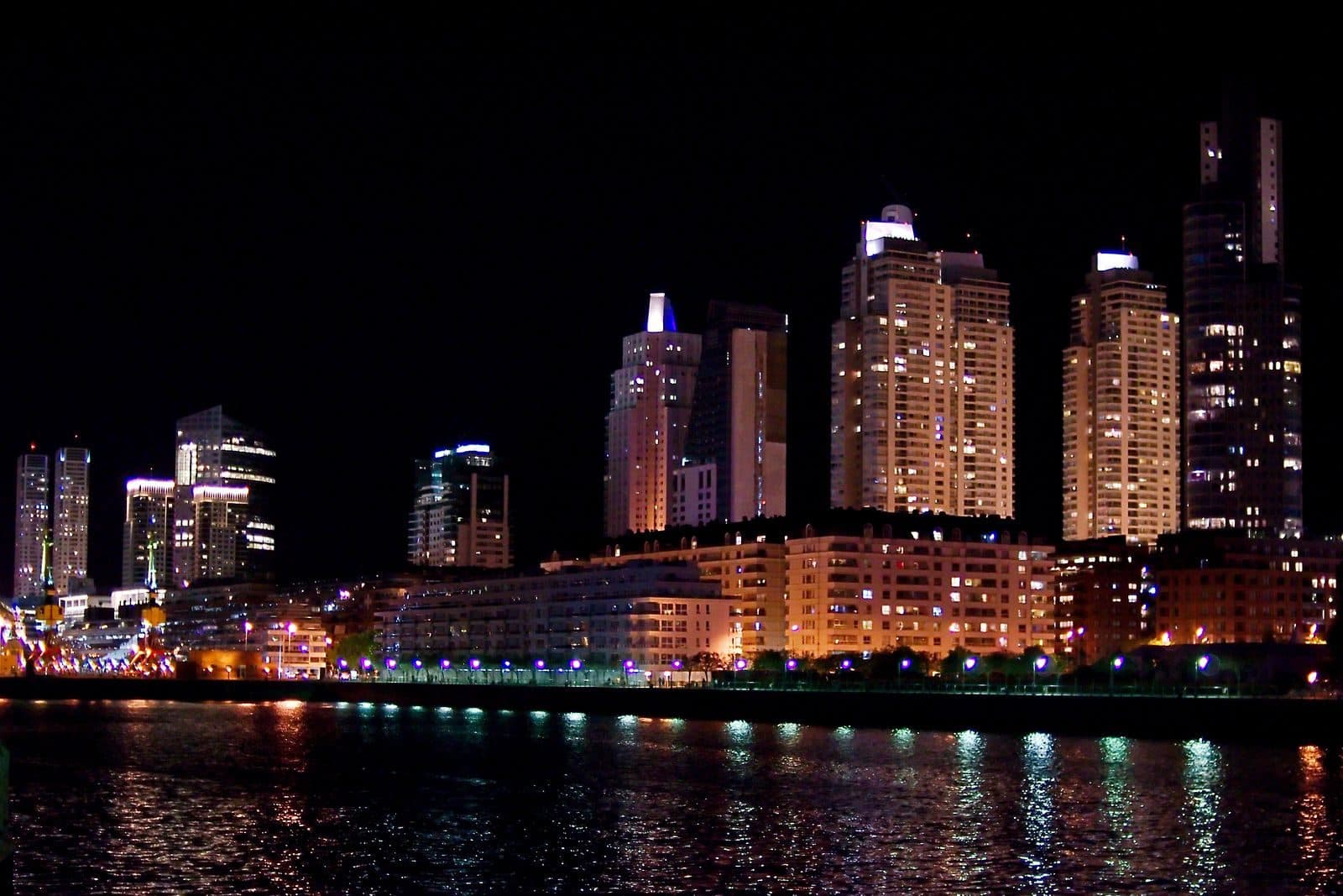 Puerto Madero towers in Buenos Aires reflected in the dock at night