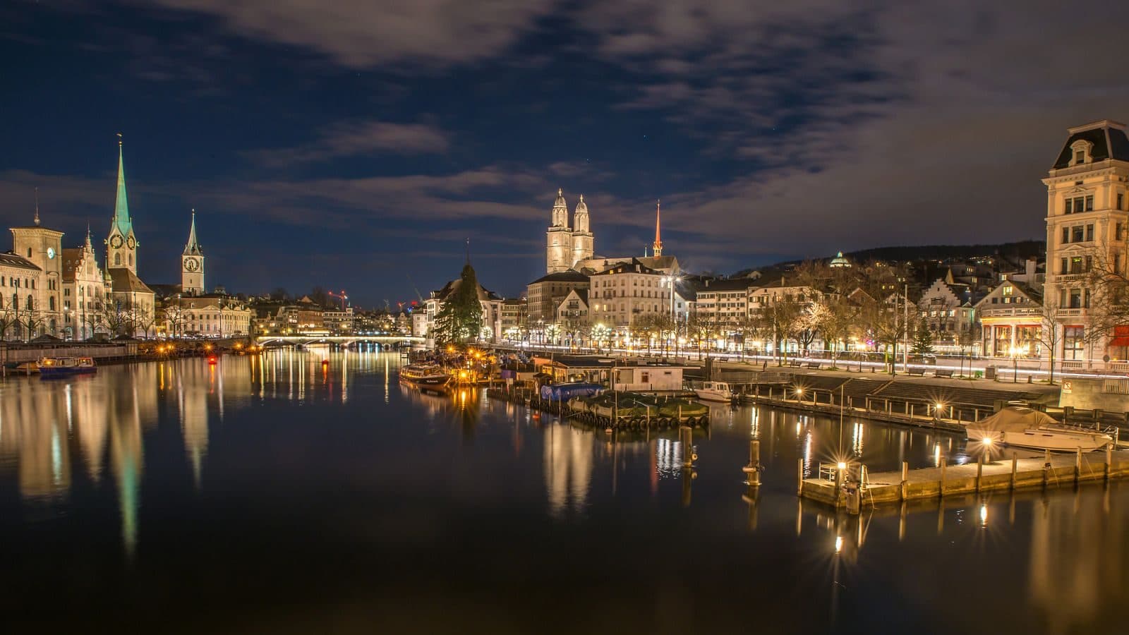 Zurich's old town on the Limmat at night