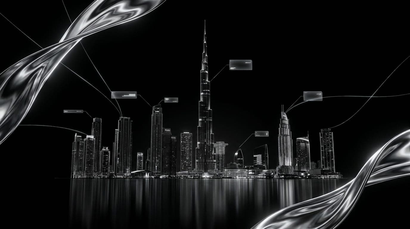 Dubai high-rises at night with lit windows reflected in the water below