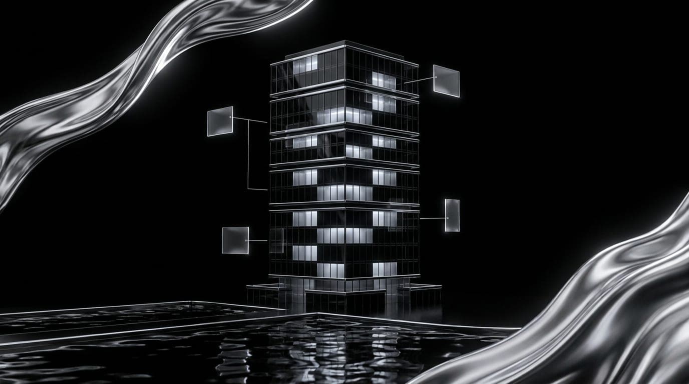 A Dubai apartment tower at night with the marina dark below