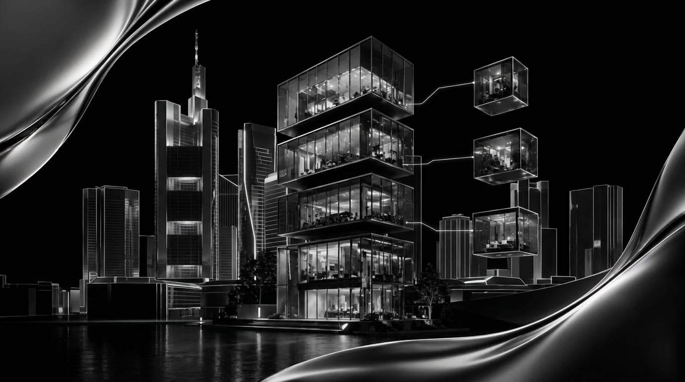 Frankfurt office towers at night over a dark river