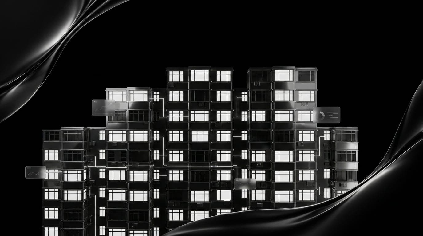 A row of narrow brick townhouses under a grey sky