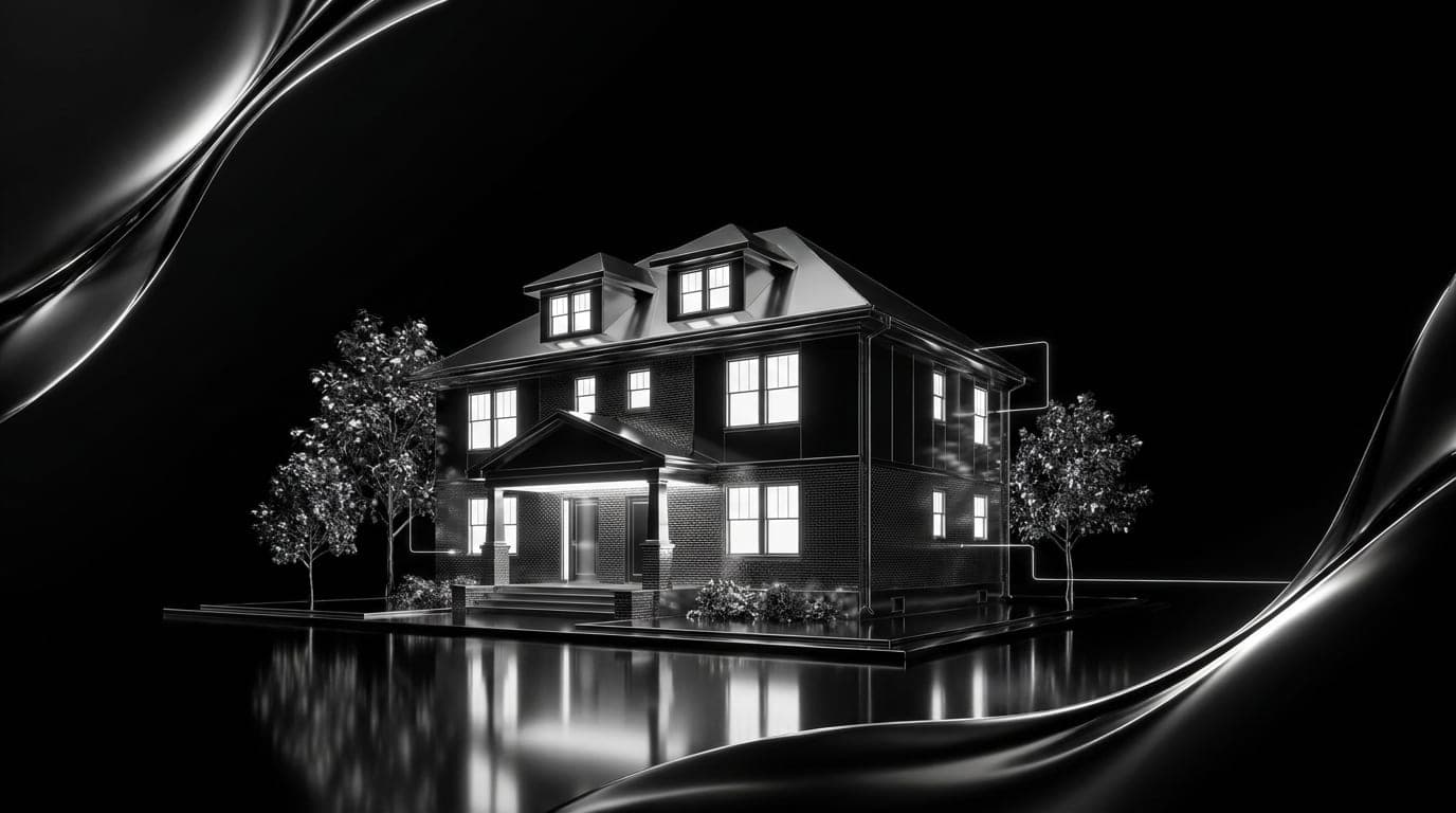 A Detroit brick duplex at dusk, porch light on, street empty