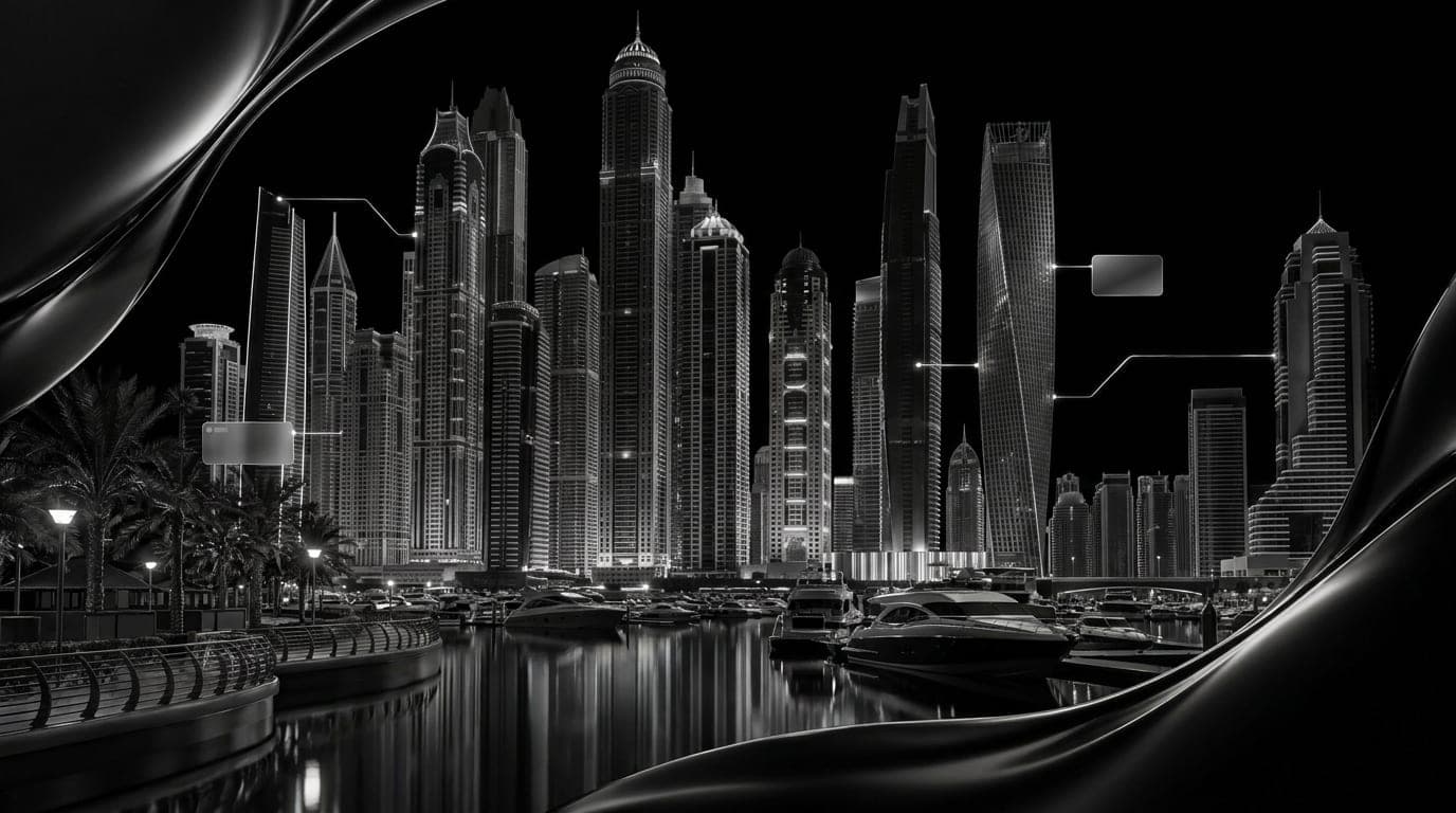 Dubai towers lit at night along the marina water, seen from across the bay