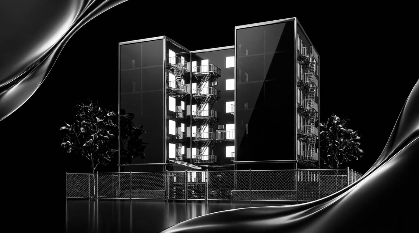 A run-down brick apartment block at night with a few windows lit