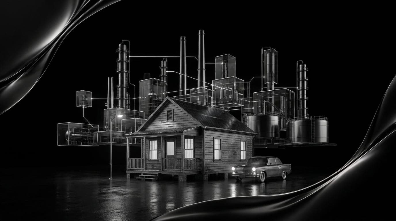 A small clapboard house at dusk under a single streetlight, industrial towers behind
