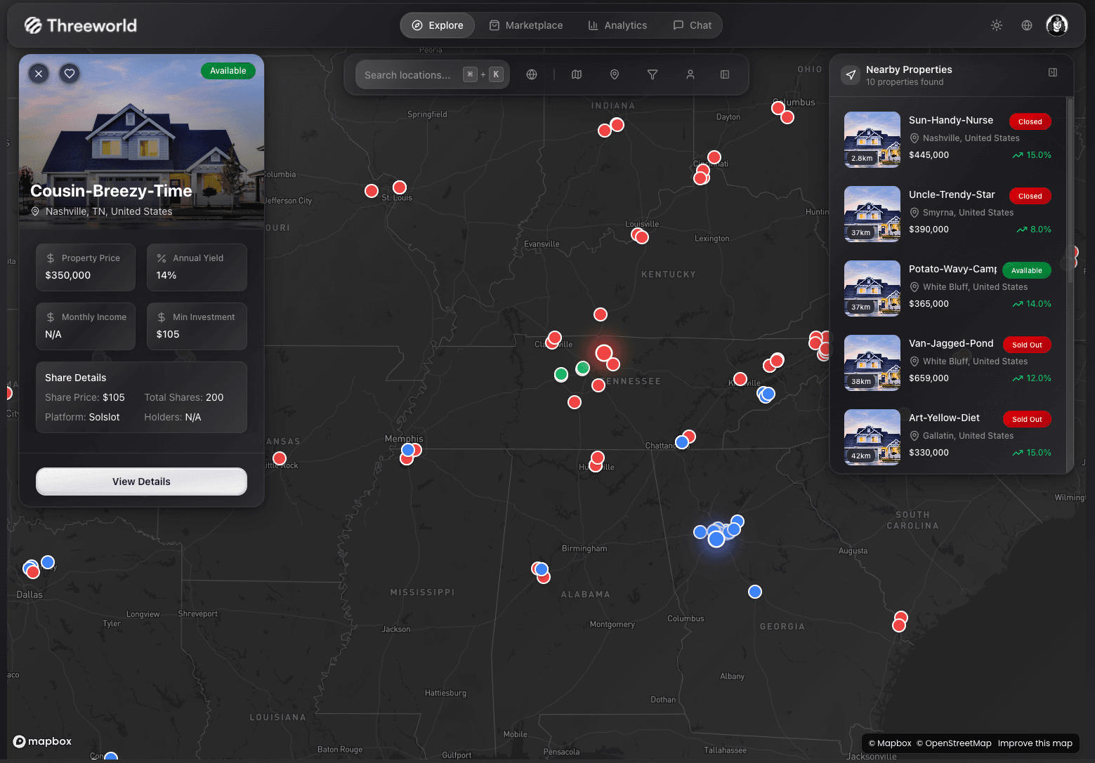 Threeworld interactive 3D globe explorer with property markers