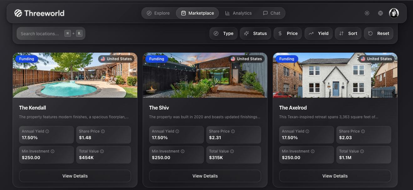 Threeworld property marketplace with filters and listings
