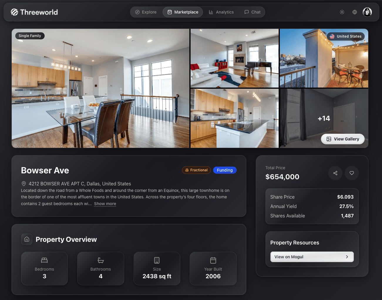 Detailed property page with investment data and gallery