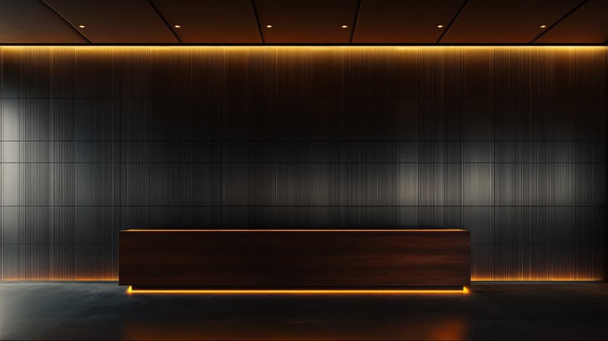 Reception desk in a dark wood-panelled lobby