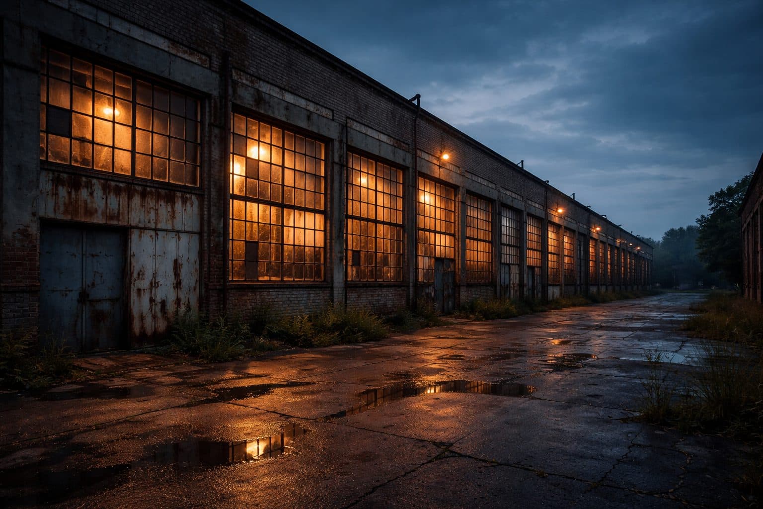 Renovated brick warehouse with tall windows lit from inside