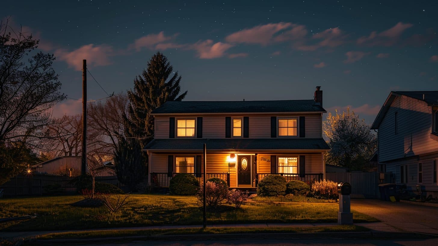 Suburban house exterior photographed at dusk with the porch light on