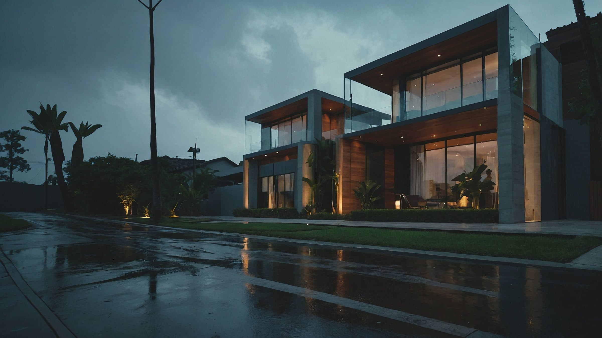 Modern house with lit windows on a rainy evening street