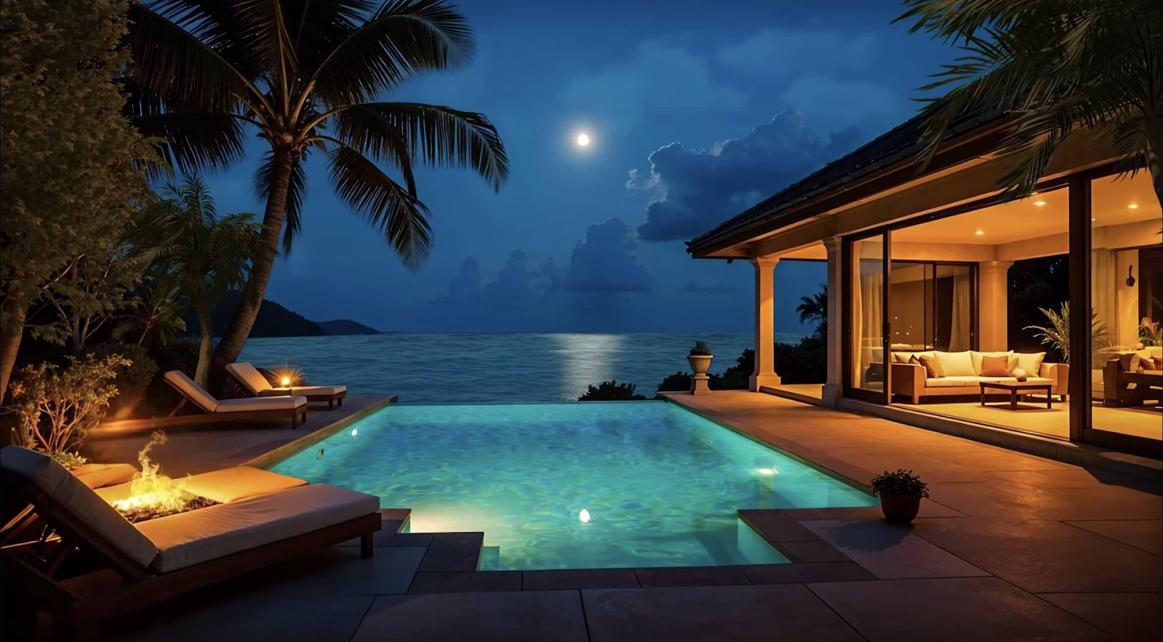 Villa with a lit pool under palm trees on a moonlit night