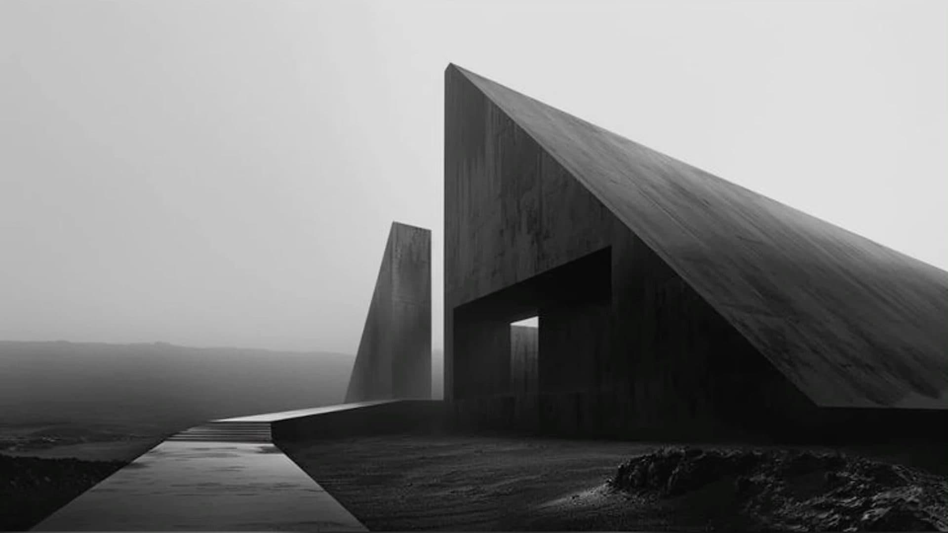 Angular concrete structure on a foggy shoreline