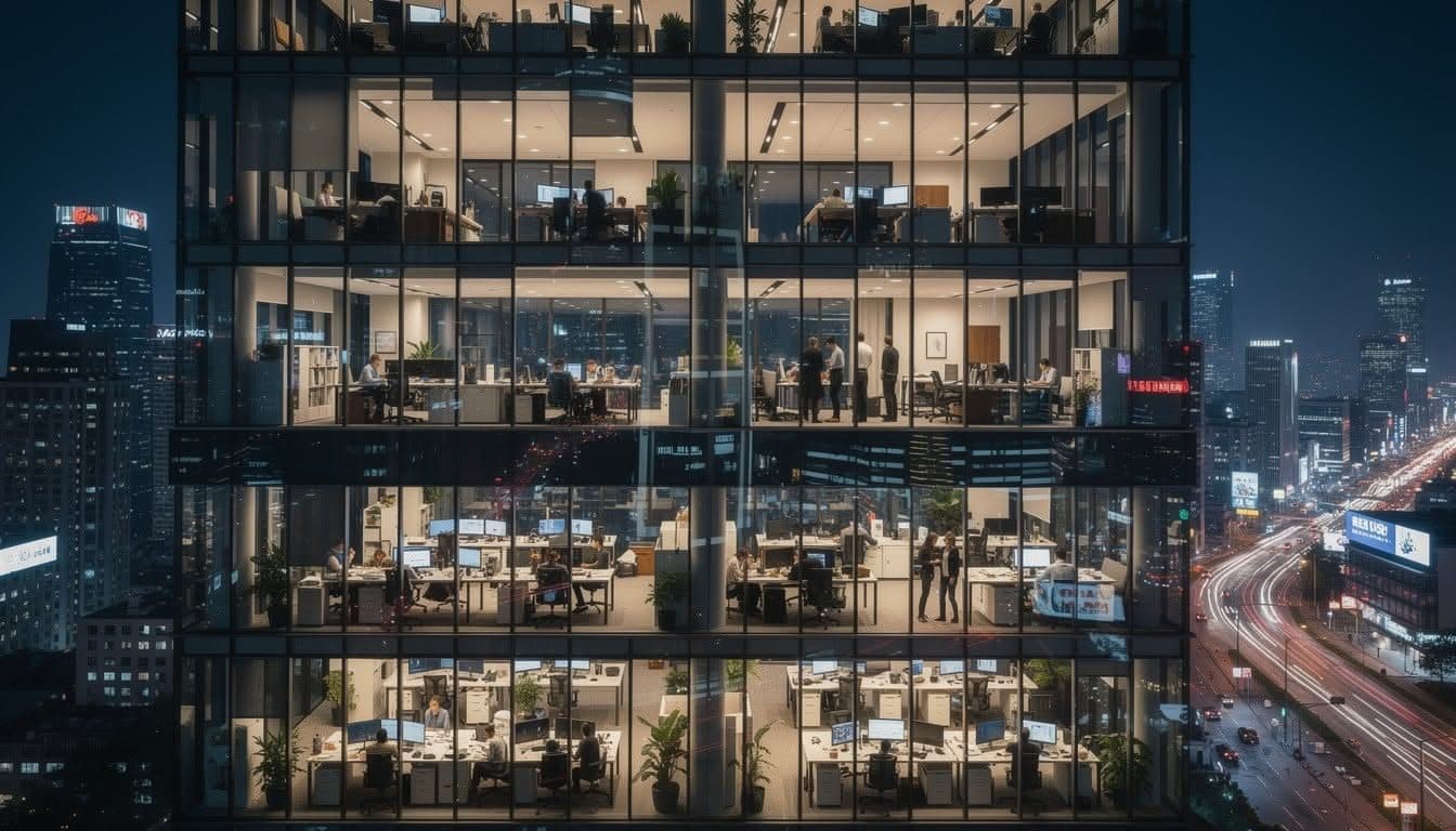 Glass office building at night with every floor lit and traffic streaking past