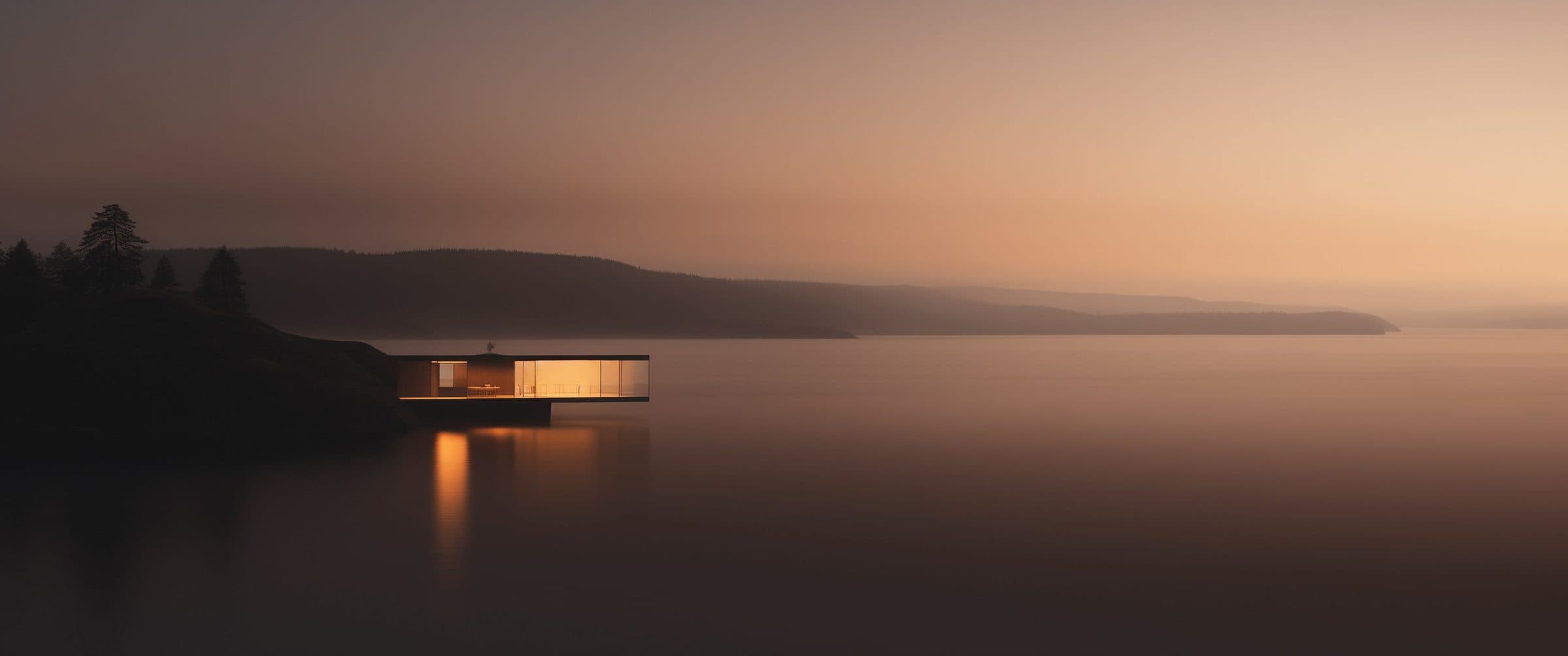 Small glass house glowing on a calm lake at dusk