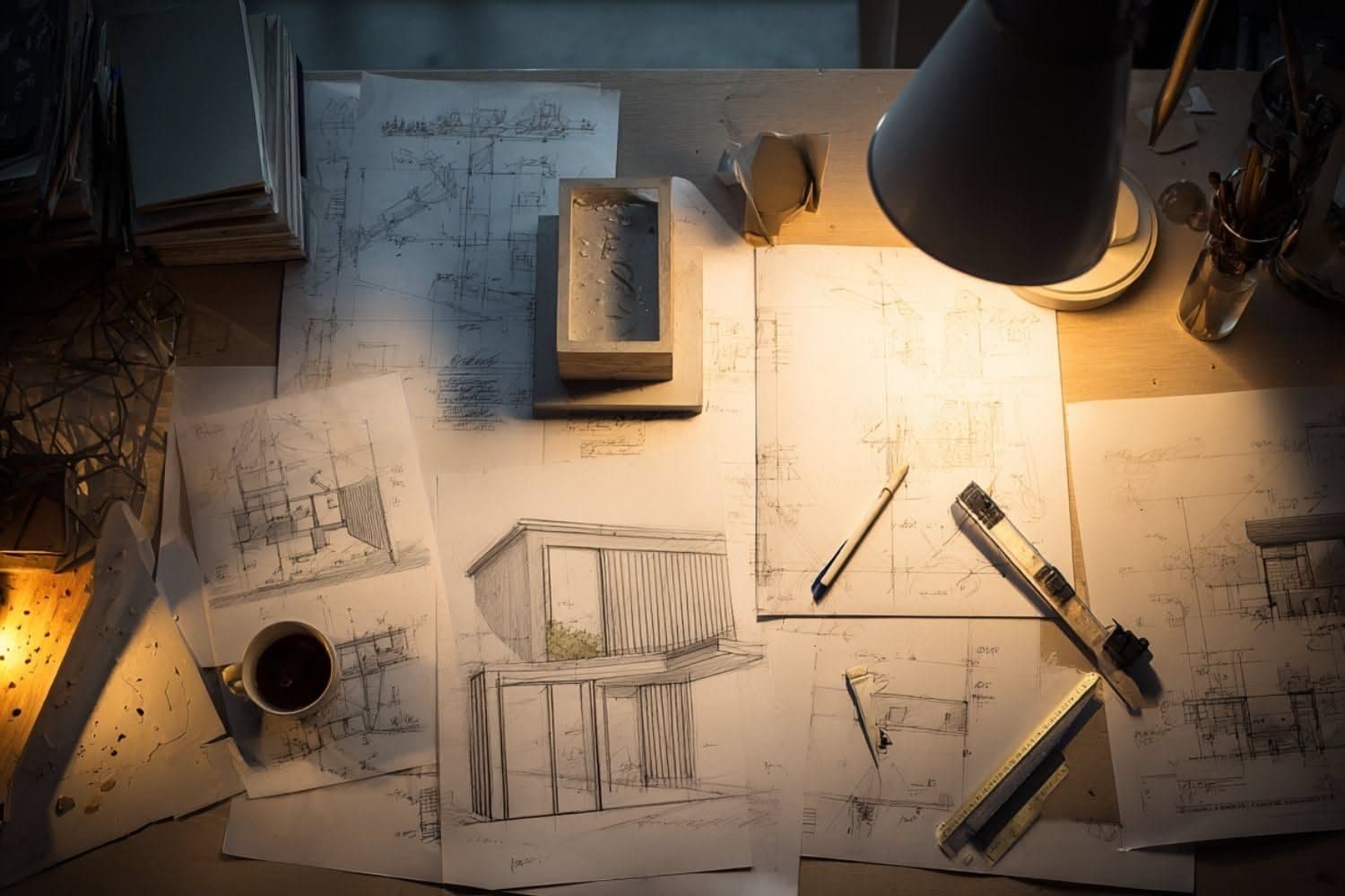 Architect's desk with rolled drawings under a single lamp