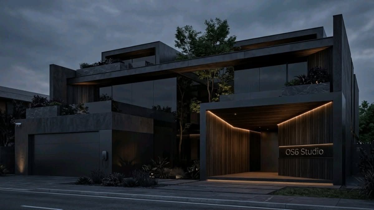 Modern concrete house with warm strip lighting at dusk
