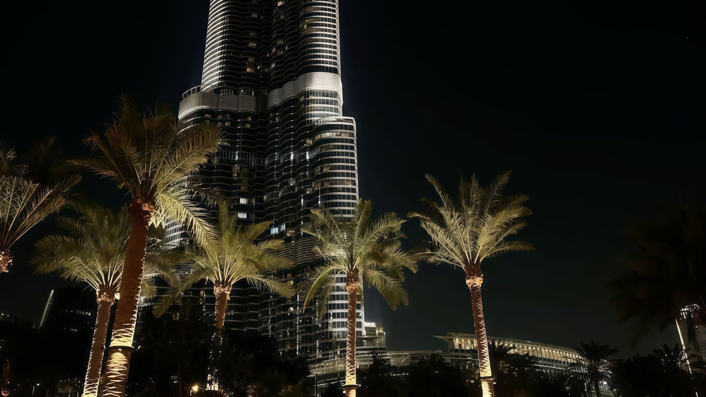 Downtown Dubai skyline at night with the Burj Khalifa lit against a dark sky