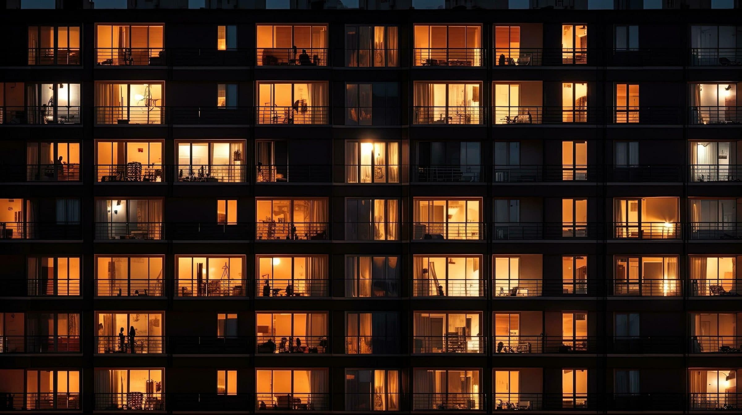 Apartment block at night with warm light in scattered windows